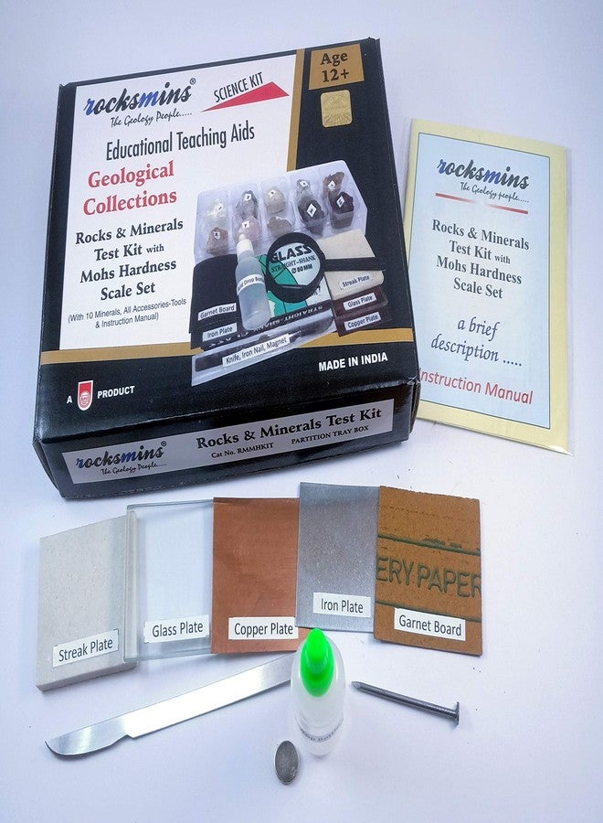 روكسمينز مجموعة اختبار الصخور والمعادن من روكس مينز مع مقياس صلابة موس RMMHKIT، تتضمن 9 عينات لاختبار صلابة موس، وعينة واحدة لاختبار المغناطيسية، و10 ملحقات لاختبار المعادن، ودليل استخدام. - Image 2